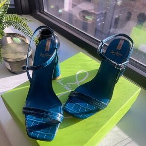 Sam Edelman Kit Indigo Blue Croc Open Squared Toe Block Sandal Heel